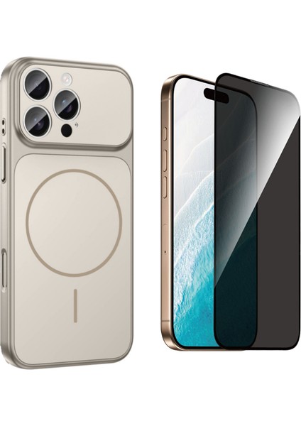 Iphone 16 Pro Max Kılıf M-Safe Şarj Özellikli Kamera Camlı Formen Kapak-Gri + Tam Kaplayan Hayalet Ekran Koruyucu