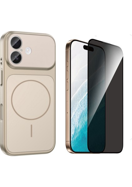 Iphone 17 Kılıf M-Safe Şarj Özellikli Kamera Camlı Formen Kapak-Gold + Tam Kaplayan Hayalet Ekran Koruyucu