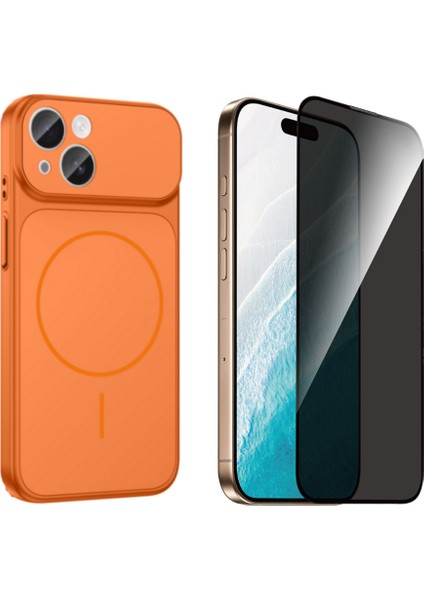 Iphone 13 Kılıf M-Safe Şarj Özellikli Kamera Camlı Formen Kapak-Turuncu + Tam Kaplayan Hayalet Ekran Koruyucu