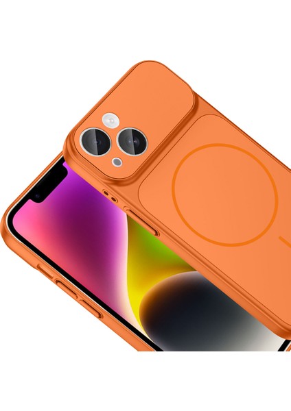 Iphone 13 Kılıf M-Safe Şarj Özellikli Kamera Camlı Formen Kapak-Turuncu + Tam Kaplayan Hayalet Ekran Koruyucu modelleri
