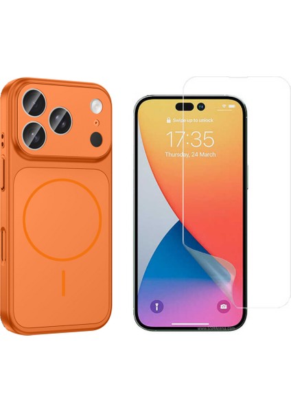 Iphone 17 Pro Max Kılıf M-Safe Şarj Özellikli Kamera Camlı Formen Kapak-Turuncu + Nano Ekran Koruyucu