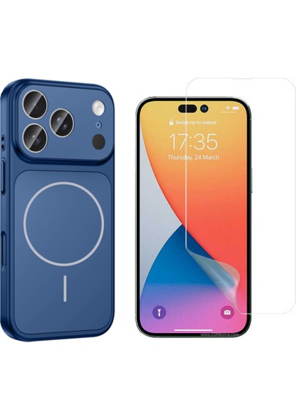 Iphone 17 Pro Kılıf M-Safe Şarj Özellikli Kamera Camlı Formen Kapak-Mavi + Nano Ekran Koruyucu