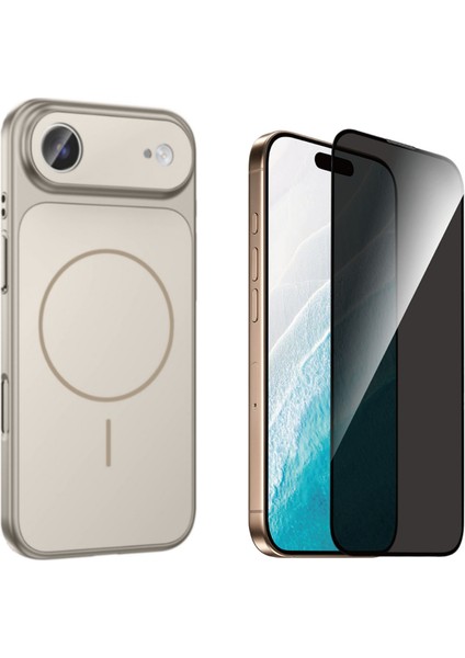 Iphone 17 Air Kılıf M-Safe Şarj Özellikli Kamera Camlı Formen Kapak-Gri + Tam Kaplayan Hayalet Ekran Koruyucu