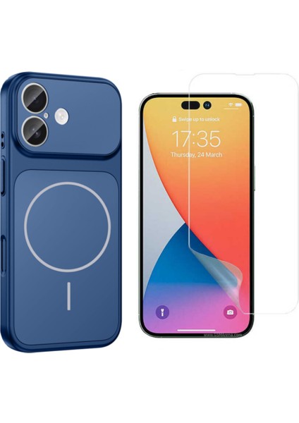 Iphone 16 Kılıf M-Safe Şarj Özellikli Kamera Camlı Formen Kapak-Mavi + Nano Ekran Koruyucu
