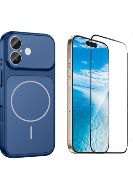 Iphone 17 Kılıf M-Safe Şarj Özellikli Kamera Camlı Formen Kapak-Mavi + Tam Kaplayan Antistatik Esd Ekran Koruyucu