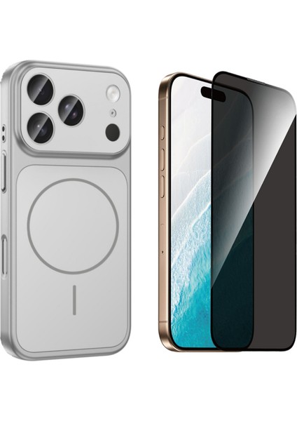 Iphone 17 Pro Kılıf M-Safe Şarj Özellikli Kamera Camlı Formen Kapak-Gümüş + Tam Kaplayan Hayalet Ekran Koruyucu
