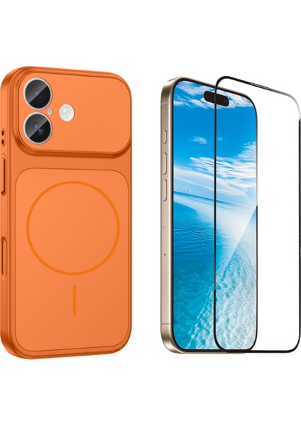 Iphone 17 Kılıf M-Safe Şarj Özellikli Kamera Camlı Formen Kapak-Turuncu + Tam Kaplayan Antistatik Esd Ekran Koruyucu