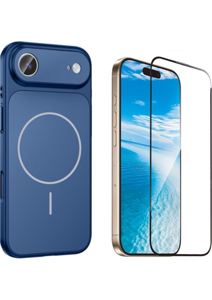 Iphone 17 Air Kılıf M-Safe Şarj Özellikli Kamera Camlı Formen Kapak-Mavi + Tam Kaplayan Antistatik Esd Ekran Koruyucu