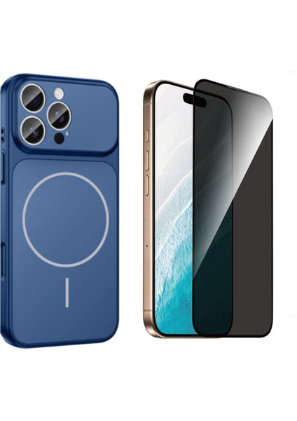 Iphone 16 Pro Max Kılıf M-Safe Şarj Özellikli Kamera Camlı Formen Kapak-Mavi + Tam Kaplayan Hayalet Ekran Koruyucu