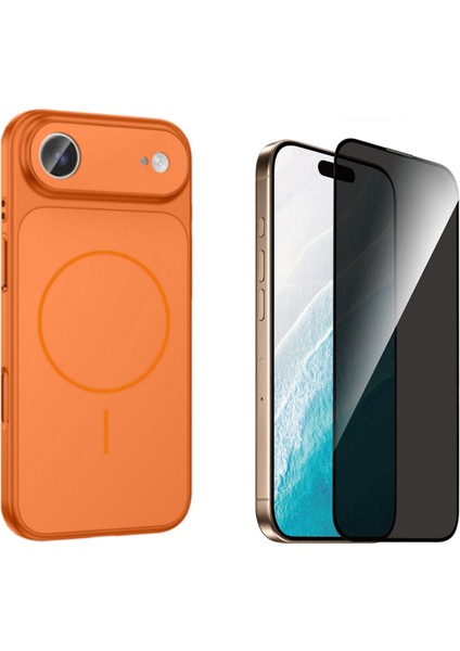 Iphone 17 Air Kılıf M-Safe Şarj Özellikli Kamera Camlı Formen Kapak-Turuncu + Tam Kaplayan Hayalet Ekran Koruyucu