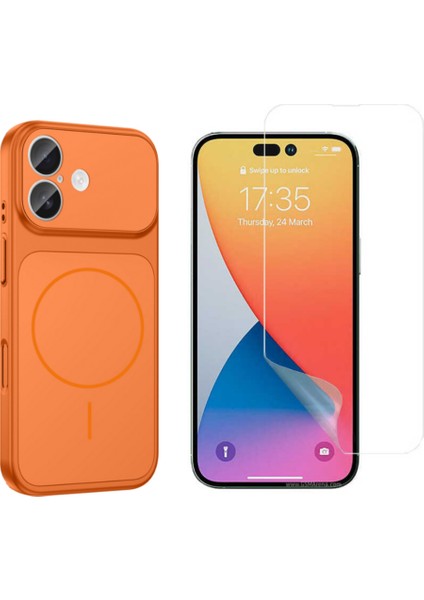 Iphone 16 Kılıf M-Safe Şarj Özellikli Kamera Camlı Formen Kapak-Turuncu + Nano Ekran Koruyucu