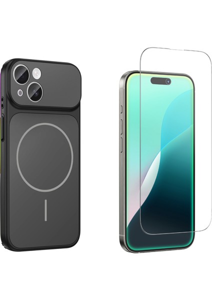 Iphone 13 Kılıf M-Safe Şarj Özellikli Kamera Camlı Formen Kapak-Siyah + Cam Ekran Koruyucu