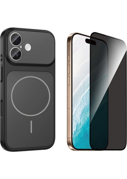 Iphone 17 Kılıf M-Safe Şarj Özellikli Kamera Camlı Formen Kapak-Siyah + Tam Kaplayan Hayalet Ekran Koruyucu