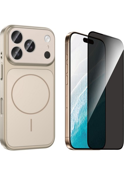 Iphone 17 Pro Kılıf M-Safe Şarj Özellikli Kamera Camlı Formen Kapak-Gold + Tam Kaplayan Hayalet Ekran Koruyucu
