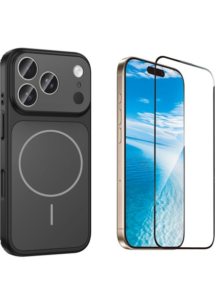 Iphone 17 Pro Max Kılıf M-Safe Şarj Özellikli Kamera Camlı Formen Kapak-Siyah + Tam Kaplayan Antistatik Esd Ekran Koruyucu