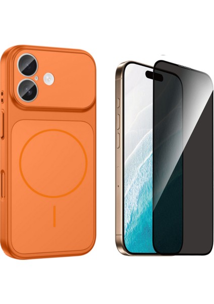 Iphone 17 Kılıf M-Safe Şarj Özellikli Kamera Camlı Formen Kapak-Turuncu + Tam Kaplayan Hayalet Ekran Koruyucu