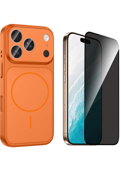 Iphone 17 Pro Kılıf M-Safe Şarj Özellikli Kamera Camlı Formen Kapak-Turuncu + Tam Kaplayan Hayalet Ekran Koruyucu