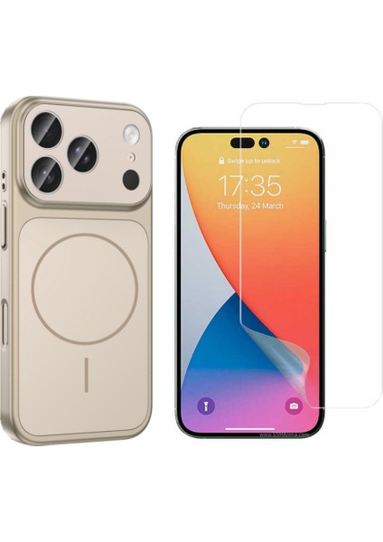 Iphone 17 Pro Max Kılıf M-Safe Şarj Özellikli Kamera Camlı Formen Kapak-Gold + Nano Ekran Koruyucu