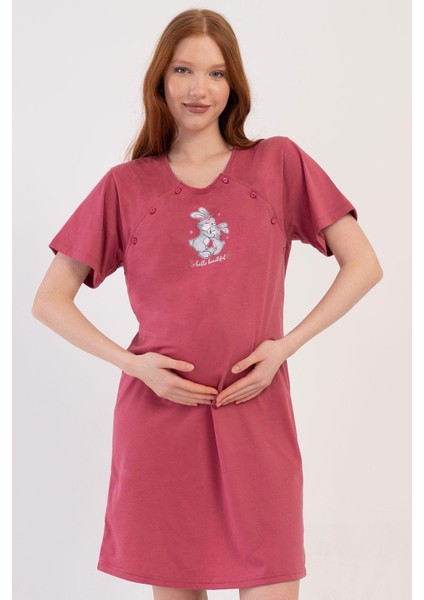 Kadın Kısa Kollu Emzirme Kolaylıklı Bordo Renk Lohusa Tunik C2T3N1014