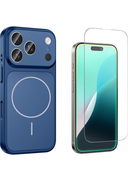 Iphone 17 Pro Max Kılıf M-Safe Şarj Özellikli Kamera Camlı Formen Kapak-Mavi + Cam Ekran Koruyucu