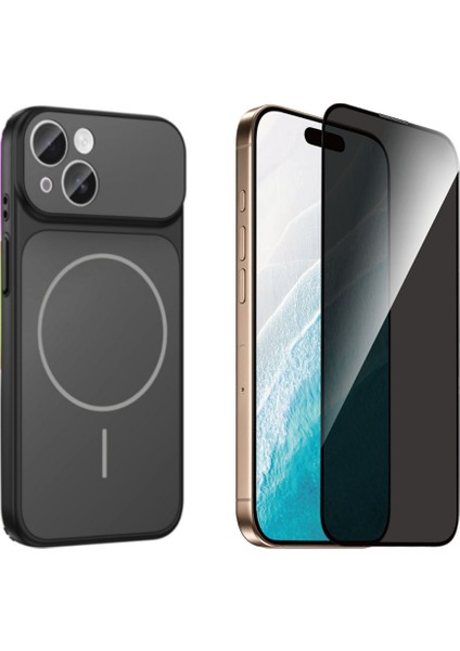 Iphone 13 Kılıf M-Safe Şarj Özellikli Kamera Camlı Formen Kapak-Siyah + Tam Kaplayan Hayalet Ekran Koruyucu