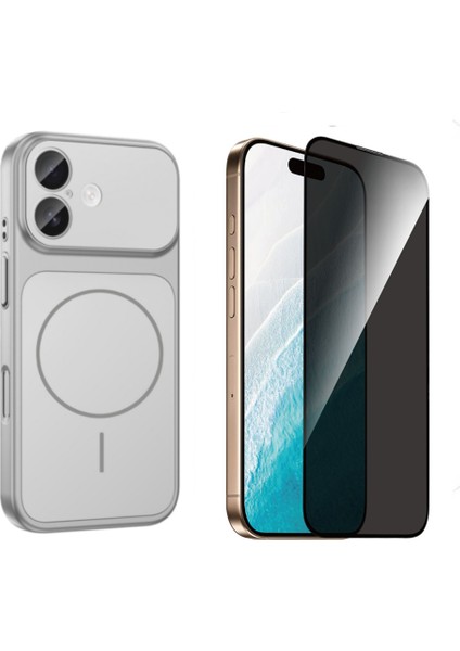 Iphone 16 Kılıf M-Safe Şarj Özellikli Kamera Camlı Formen Kapak-Gümüş + Tam Kaplayan Hayalet Ekran Koruyucu