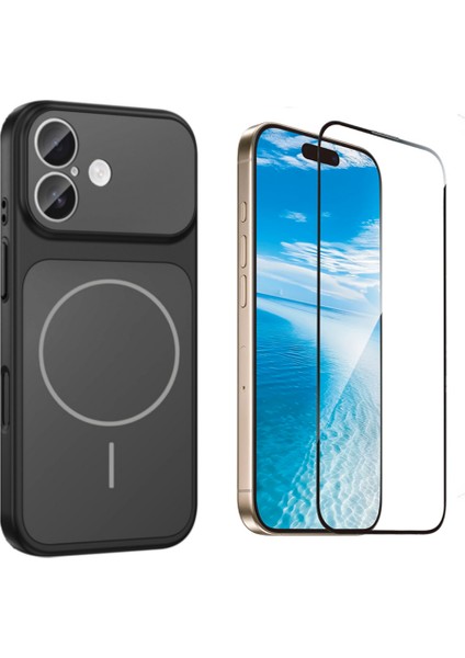 Iphone 16 Kılıf M-Safe Şarj Özellikli Kamera Camlı Formen Kapak-Siyah + Tam Kaplayan Antistatik Esd Ekran Koruyucu
