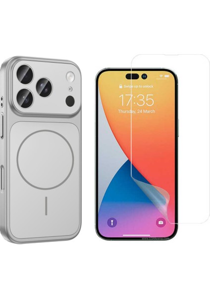 Iphone 17 Pro Max Kılıf M-Safe Şarj Özellikli Kamera Camlı Formen Kapak-Gümüş + Nano Ekran Koruyucu