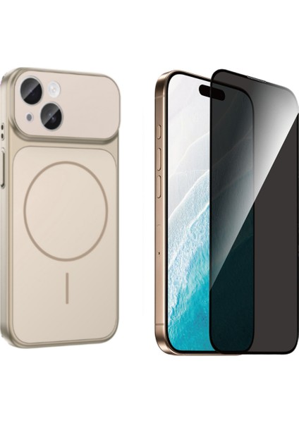 Iphone 13 Kılıf M-Safe Şarj Özellikli Kamera Camlı Formen Kapak-Gold + Tam Kaplayan Hayalet Ekran Koruyucu