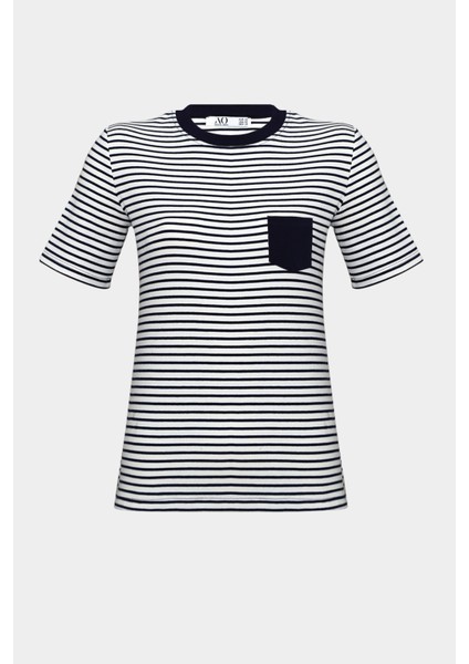 Premium Çizgili Cep Detaylı Kısa Kol Pamuklu Tişört