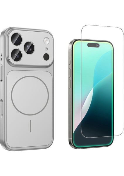 Iphone 17 Pro Max Kılıf M-Safe Şarj Özellikli Kamera Camlı Formen Kapak-Gümüş + Cam Ekran Koruyucu