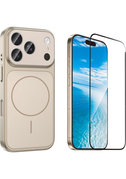 Iphone 17 Pro Kılıf M-Safe Şarj Özellikli Kamera Camlı Formen Kapak-Gold + Tam Kaplayan Antistatik Esd Ekran Koruyucu