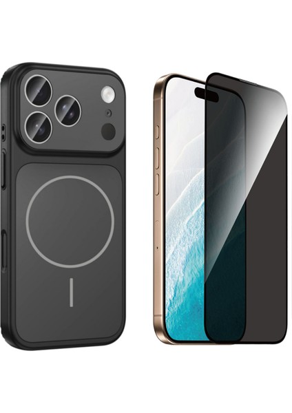 Iphone 17 Pro Kılıf M-Safe Şarj Özellikli Kamera Camlı Formen Kapak-Siyah + Tam Kaplayan Hayalet Ekran Koruyucu