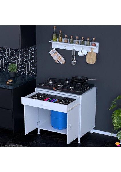 Asel (Xxxl) Set Ocak Altı Dolap, Çekmeceli,kapaklı, Tüp Bölmeli ve Baharat Raflı Beyaz 80X88X56 cm