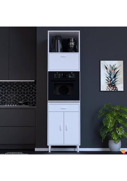 Aden Ankastre Dolap: Tek Çekmece, 3 Kapak, 4 Göz Raflı Mutfak, Kiler Dolabı Beyaz 60X239.7X56 cm