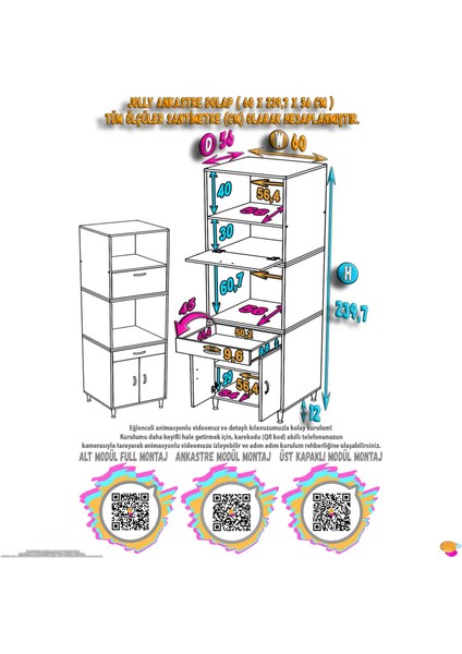 Aden Ankastre Dolap: Tek Çekmece, 3 Kapak, 4 Göz Raflı Mutfak, Kiler Dolabı Beyaz 60X239.7X56 cm fiyatları