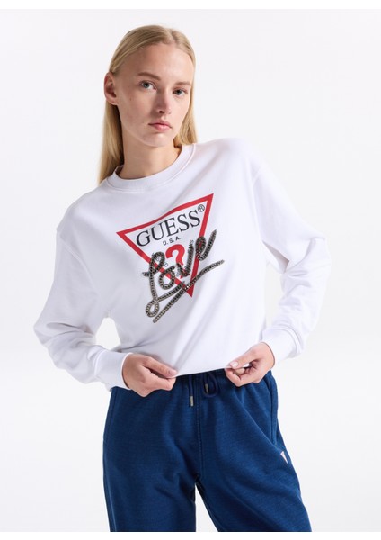 Yuvarlak Yaka Baskılı Beyaz Kadın Sweatshırt Studded Kadın Sweatshirt