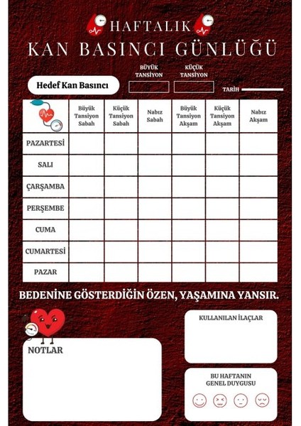 Tansiyon Ölçüm Takip Çizelgesi Defteri Kalite Özel Tasarım 6 Aylık A6 Boyut modelleri