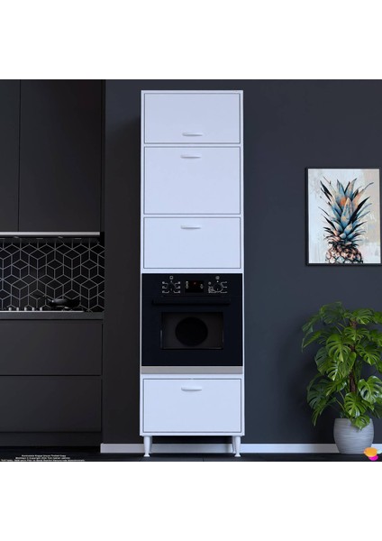 Liva Kiler Mutfak Dolabı Ankastre Fırın Dolabı 4 Kapaklı Ekmeklik Bölmeli Beyaz Dolap 60X217X56 cm