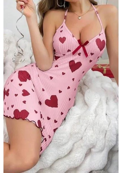 Kadın Pembe Kırmızı Kalp Desenli Askılı Sırt Dekolteli Elbise 5064 modelleri