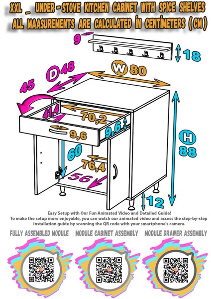 Asel (Xxxl) Mutfak Dolabı Beyaz Set Ocak Altı Dolap Tüp Bölmeli Baharat Raflı 80X88X48 cm indirimleri