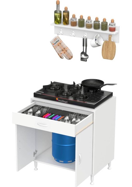 Asel (Xxxl) Mutfak Dolabı Beyaz Set Ocak Altı Dolap Tüp Bölmeli Baharat Raflı 80X88X48 cm