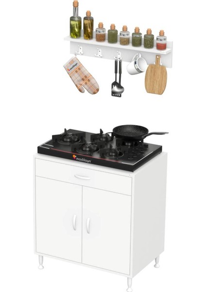 Asel (Xxxl) Mutfak Dolabı Beyaz Set Ocak Altı Dolap Tüp Bölmeli Baharat Raflı 80X88X48 cm