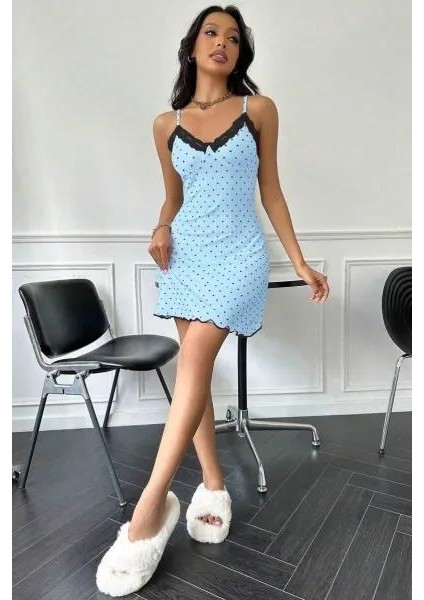 Kadın Bebe Mavisi Kalp Desenli Askılı Dantel Detaylı Elbise 5068 fırsatları