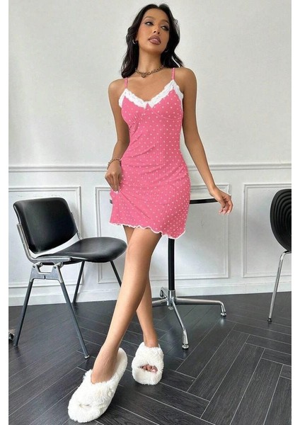 Kadın Fuşya Beyaz Kalp Desenli Askılı Dantel Detaylı Elbise 5069 fiyatları