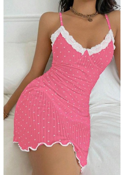 Kadın Fuşya Beyaz Kalp Desenli Askılı Dantel Detaylı Elbise 5069 modelleri