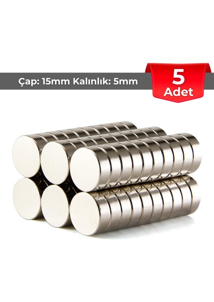 [5 Adet] Neodyum Mıknatıs Çap: 15MM Kalınlık: 5mm [D15X5] Ndfeb Güçlü Mıknatıs – Yuvarlak [NM011]