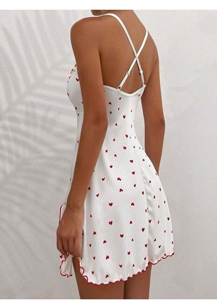 Kadın Beyaz Kırmızı Kalp Desenli Askılı Elbise 5066 fiyatları