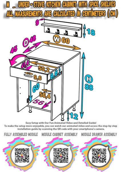 Asel (M) Mutfak Dolabı Set Ocak Altı Dolap Tüp Bölmeli Baharat Raflı Beyaz Dolap 60X88X48 cm