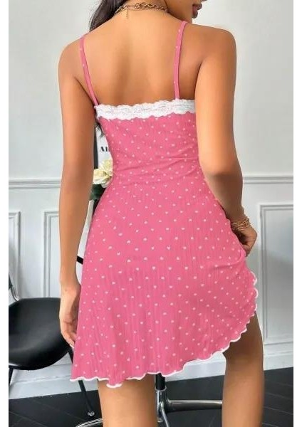 Kadın Fuşya Beyaz Kalp Desenli Askılı Dantel Detaylı Elbise 5069 indirimleri